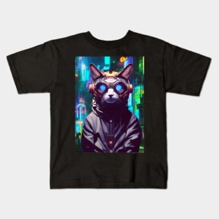 Techno Cat In Japan Neon City Kids T-Shirt